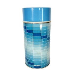 Vintage 70s Thermos King Seely Blue Check Pint Size Cup Stopper Metal Thermos
